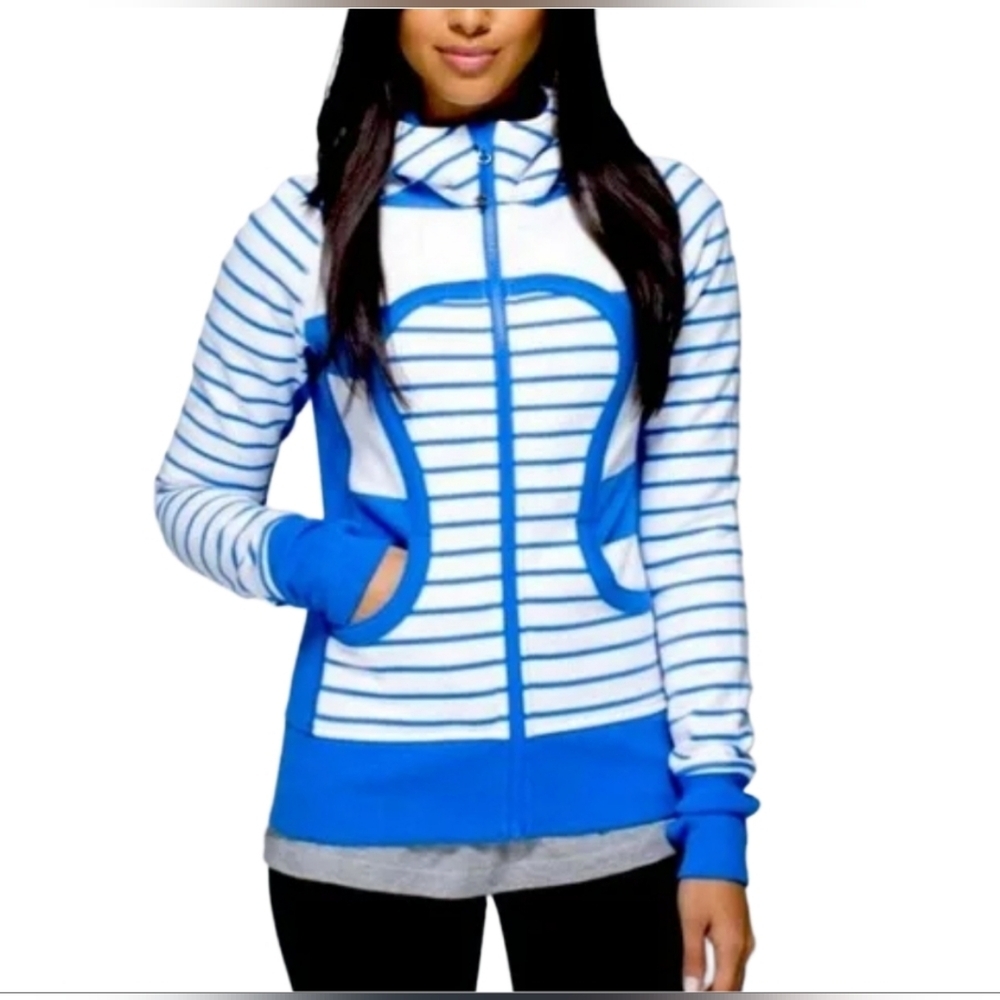 Lululemon Stroll Stripe Pipe Dream Blue and White Scuba ll Hoodie Size 6
